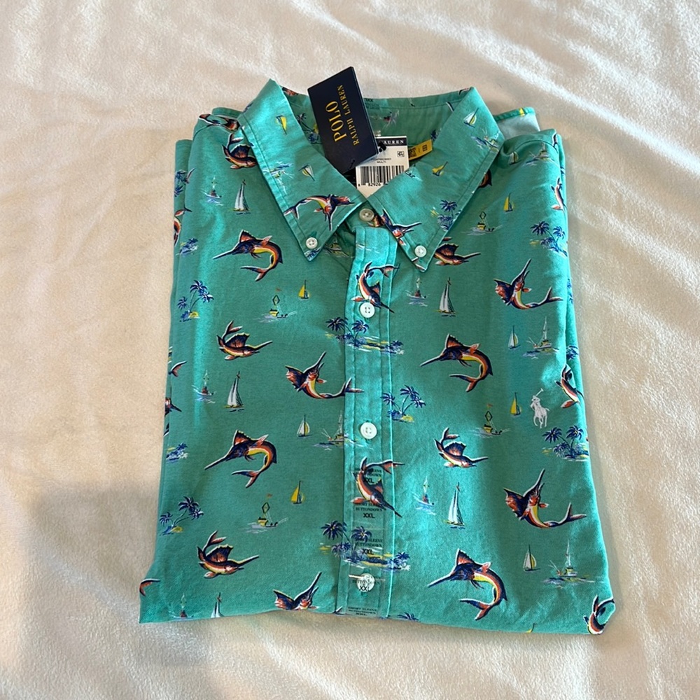 🎉Host Pick🎉Polo Ralph Lauren Mens Green Beach-Themed Button Down XXL